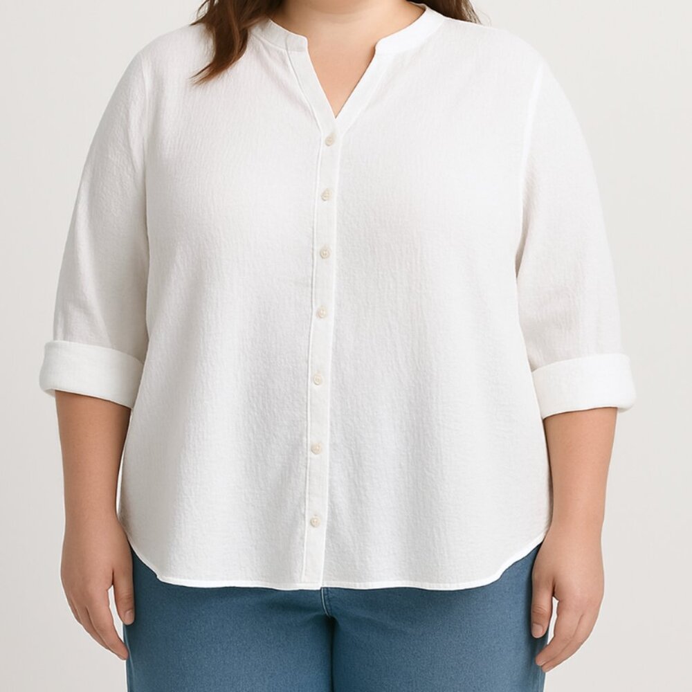 Coldwater Creek | Long Sleeve Crinkle Cotton Openwork Shirt in White | Size	2X